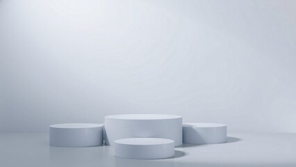 Minimalist White Cylindrical Display Platforms on Light Grey Background