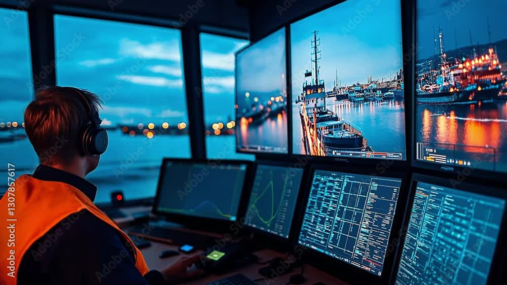 Poster a maritime worker in an orange vest oversees multiple monitors displaying ship navigation data at a 