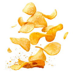 Crispy golden potato chips flying in mid-air, isolated on a transparent background. Thin, crunchy snack pieces with scattered crumbs.