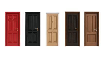 Five Closed Doors With Different Colors and Textures on Transparent Background, PNG