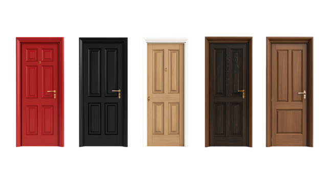 Five Closed Doors With Different Colors and Textures on Transparent Background, PNG
