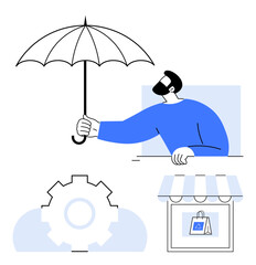 Man extending umbrella, storefront with shopping bag, gear and cloud icons implying protection, services, and innovation. Ideal for insurance, business, e-commerce, cloud technology customer care