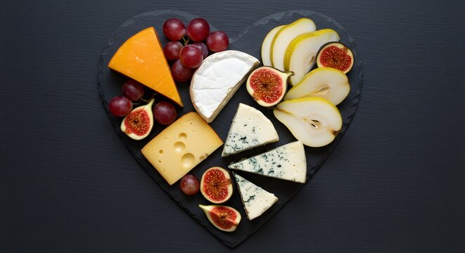 Delicious cheese and fruit platter heart shaped arrangement on dark background top food figs blue - Powered by Adobe