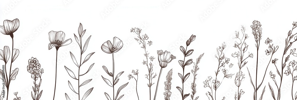 Poster delicate botanical line art showcases minimalist floral patterns on a white background for modern el