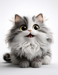 Fototapeta premium Cute fluffy cat with a playful expression sitting on a plain background