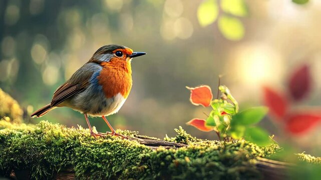 Close-up video style of a robin on a mossy branch, captured at eye level. Soft focus background enhances the vibrant colors of the bird and foliage.