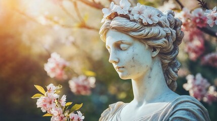 Majestic Marble Goddess Bust with Blossom Crown Against Floral Background