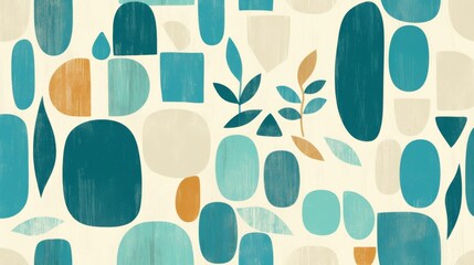 teal and white pattern featuring thick lines and simple organic shapes. 