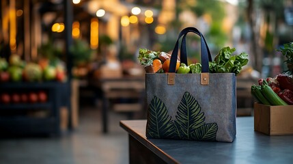 Eco-friendly tote bag filled with groceries at market