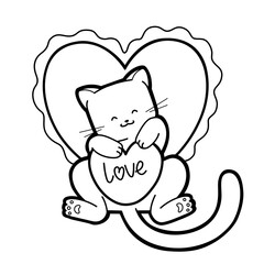 Sweet kitty with hearts. Antistress page. Cozy and funny vector illustration.