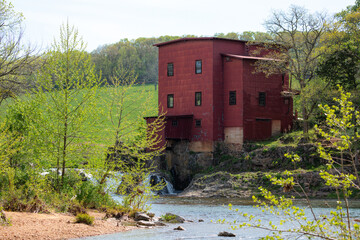 A historic red mill in the Ozarks of Missouri.