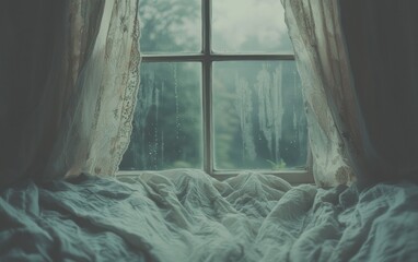 Rainy day view from bedroom window with unmade bed and sheer curtains.