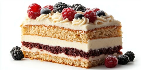 Layered dessert features sponge cake, cream, and fresh berries on a white background for a delightful treat