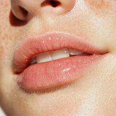 Close-up of lips with natural pink lip gloss and visible freckles, showcasing healthy skin texture and beauty.