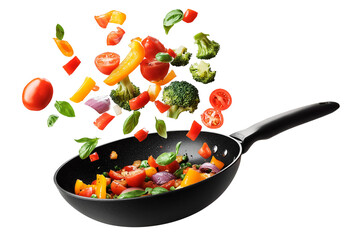 Black frying pan with fresh vegetables flying in the air, isolated on a transparent background. Colorful mix of tomatoes, bell peppers, broccoli, red onions, and basil