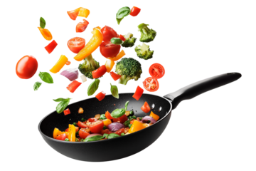 Black frying pan with fresh vegetables flying in the air, isolated on a transparent background. Colorful mix of tomatoes, bell peppers, broccoli, red onions, and basil