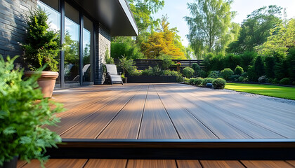 Terrace renovation with wooden WPC decking and substructure. Home improvement, exterior upgrade of garden. Composite board material balcony flooring. Bricolage structure installation by contractor.