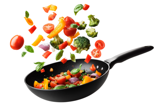 Black frying pan with fresh vegetables flying in the air, isolated on a transparent background. Colorful mix of tomatoes, bell peppers, broccoli, red onions, and basil