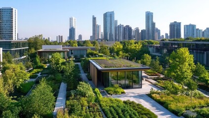 Fototapeta premium Urban Rooftop Garden Modern Pavilion Cityscape Green Landscape