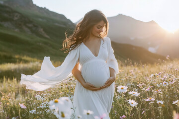 Maternity photoshoot of a beautiful pregnant woman in natural outdoor. Baby bump