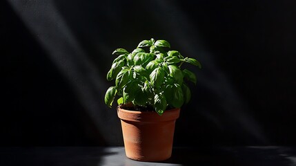 Sunlit Basil Plant in Terracotta Pot