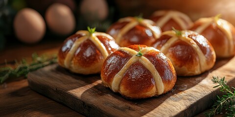Freshly baked hot cross buns displayed on a wooden board in a warmly lit kitchen setting