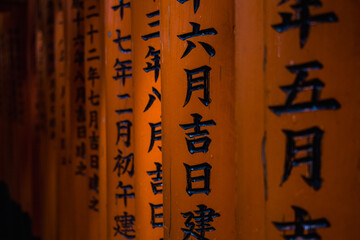 Japanese characters on a shrine gate on Mount Inari.
