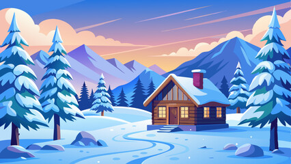 snowy winter landscape with pine trees and a cozy wooden cabin