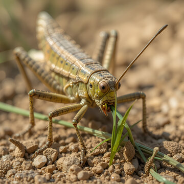 Desert locust (Schistocerca gregaria) eating green grass..