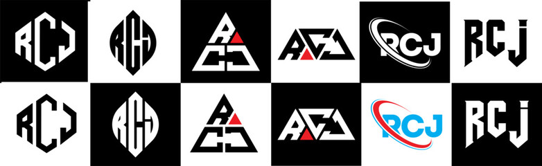 RCJ letter logo design in six style. RCJ polygon, circle, triangle, hexagon, flat and simple style with black and white color variation letter logo set in one artboard. RCJ minimalist and classic logo