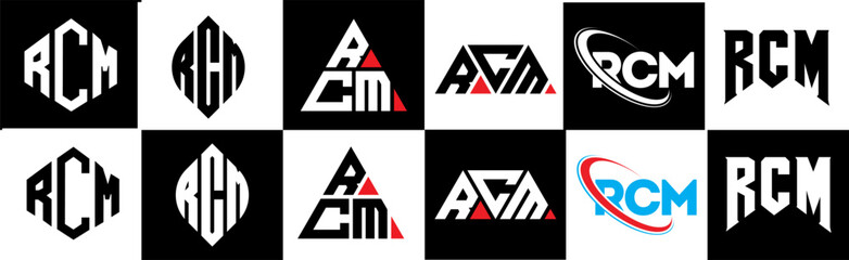 RCM letter logo design in six style. RCM polygon, circle, triangle, hexagon, flat and simple style with black and white color variation letter logo set in one artboard. RCM minimalist and classic logo