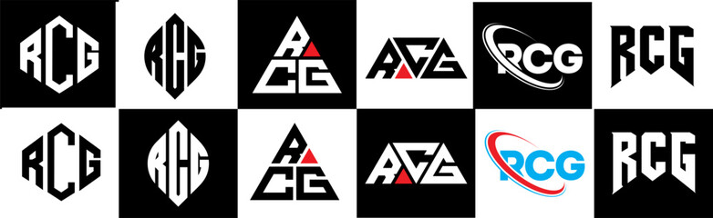 RCG letter logo design in six style. RCG polygon, circle, triangle, hexagon, flat and simple style with black and white color variation letter logo set in one artboard. RCG minimalist and classic logo