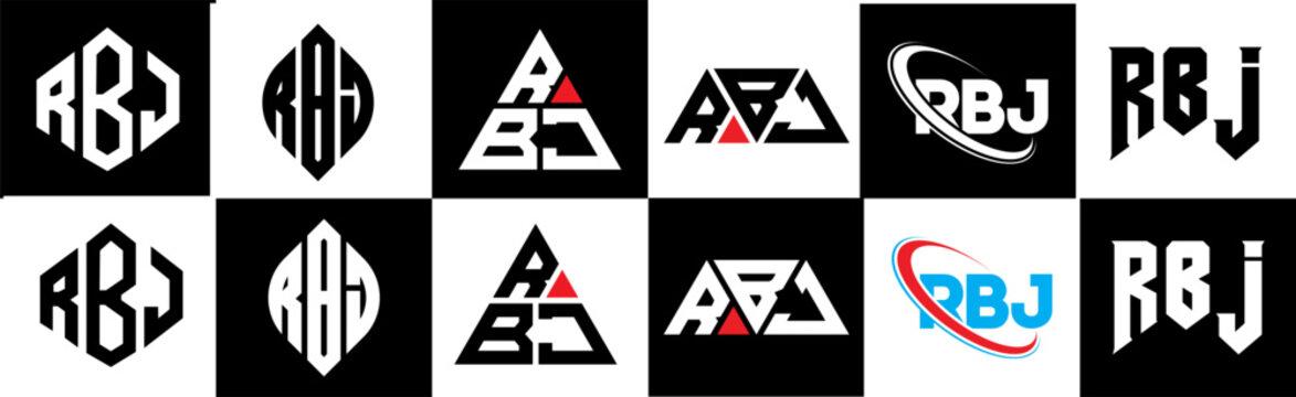RBJ letter logo design in six style. RBJ polygon, circle, triangle, hexagon, flat and simple style with black and white color variation letter logo set in one artboard. RBJ minimalist and classic logo