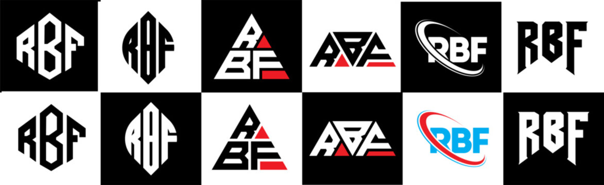 RBF letter logo design in six style. RBF polygon, circle, triangle, hexagon, flat and simple style with black and white color variation letter logo set in one artboard. RBF minimalist and classic logo