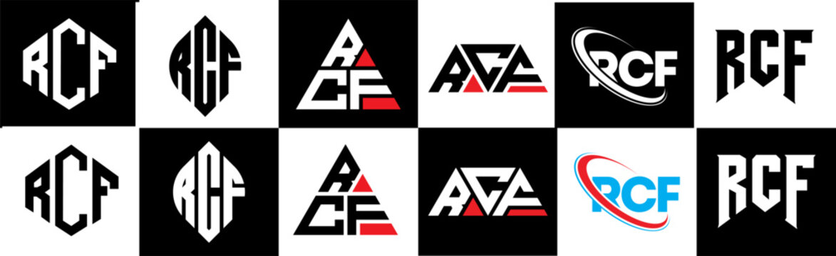 RCF letter logo design in six style. RCF polygon, circle, triangle, hexagon, flat and simple style with black and white color variation letter logo set in one artboard. RCF minimalist and classic logo