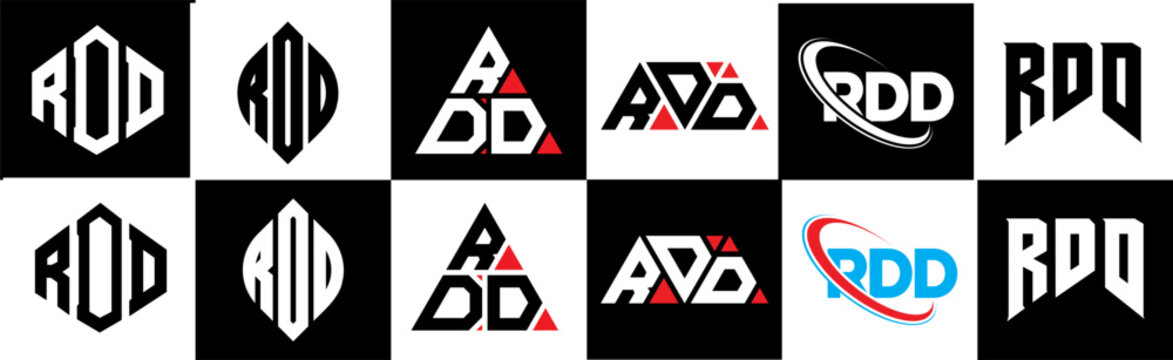 RDD letter logo design in six style. RDD polygon, circle, triangle, hexagon, flat and simple style with black and white color variation letter logo set in one artboard. RDD minimalist and classic logo