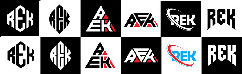 Obraz premium REK letter logo design in six style. REK polygon, circle, triangle, hexagon, flat and simple style with black and white color variation letter logo set in one artboard. REK minimalist and classic logo