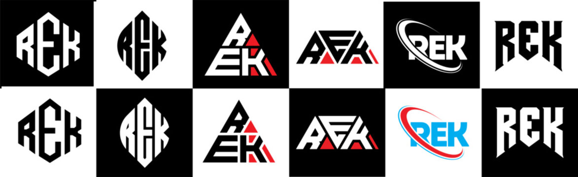 REK letter logo design in six style. REK polygon, circle, triangle, hexagon, flat and simple style with black and white color variation letter logo set in one artboard. REK minimalist and classic logo