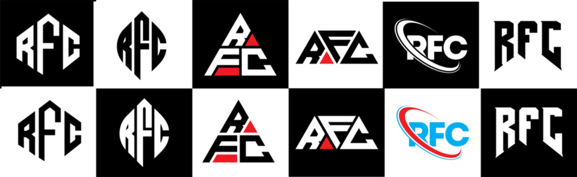 RFC letter logo design in six style. RFC polygon, circle, triangle, hexagon, flat and simple style with black and white color variation letter logo set in one artboard. RFC minimalist and classic logo