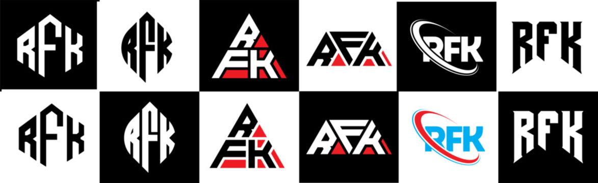 RFK letter logo design in six style. RFK polygon, circle, triangle, hexagon, flat and simple style with black and white color variation letter logo set in one artboard. RFK minimalist and classic logo