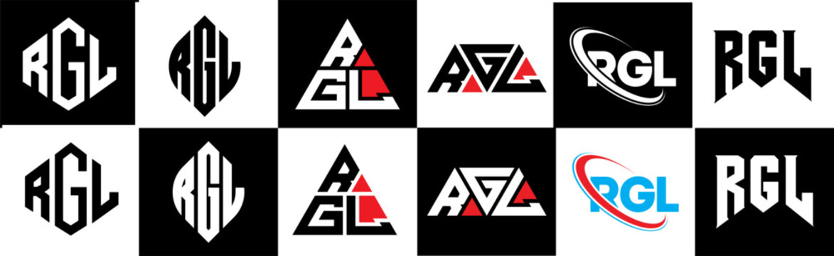 RGL letter logo design in six style. RGL polygon, circle, triangle, hexagon, flat and simple style with black and white color variation letter logo set in one artboard. RGL minimalist and classic logo