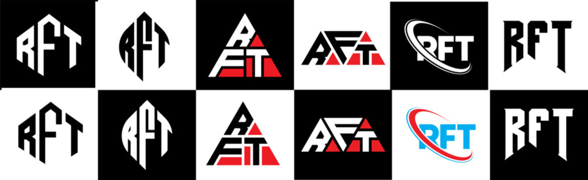 RFT letter logo design in six style. RFT polygon, circle, triangle, hexagon, flat and simple style with black and white color variation letter logo set in one artboard. RFT minimalist and classic logo