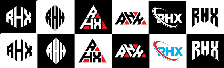 RHX letter logo design in six style. RHX polygon, circle, triangle, hexagon, flat and simple style with black and white color variation letter logo set in one artboard. RHX minimalist and classic logo