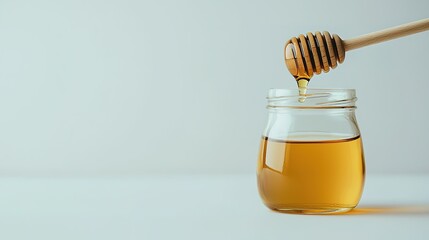 Drizzling honey nectar closeup glass jar food photography minimalist setting natural sweetness