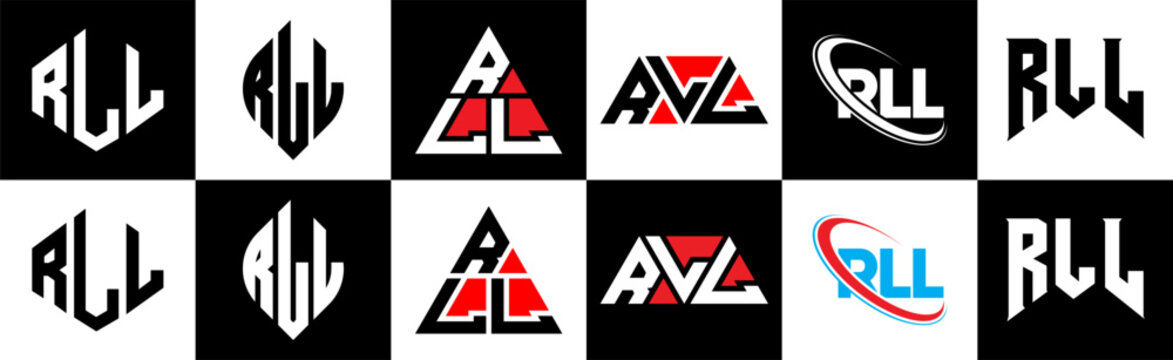 RLL letter logo design in six style. RLL polygon, circle, triangle, hexagon, flat and simple style with black and white color variation letter logo set in one artboard. RLL minimalist and classic logo