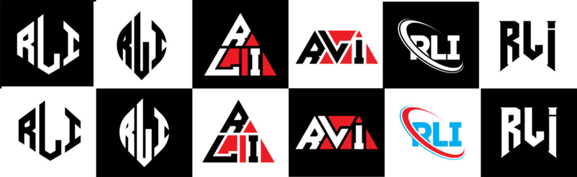 RLI letter logo design in six style. RLI polygon, circle, triangle, hexagon, flat and simple style with black and white color variation letter logo set in one artboard. RLI minimalist and classic logo