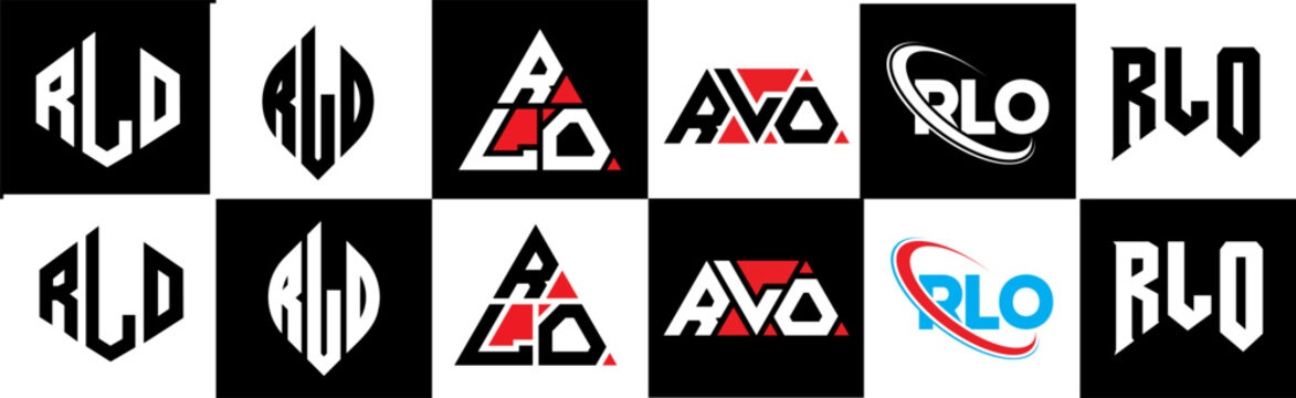 RLO letter logo design in six style. RLO polygon, circle, triangle, hexagon, flat and simple style with black and white color variation letter logo set in one artboard. RLO minimalist and classic logo