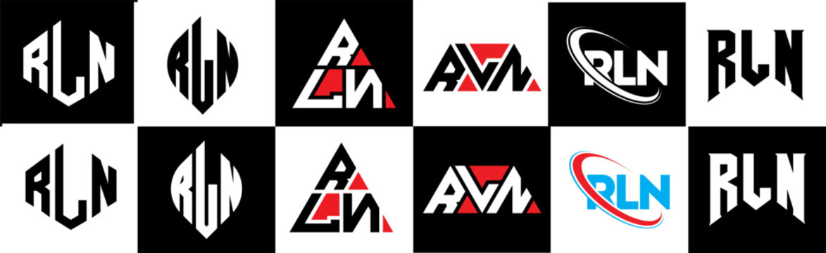 RLN letter logo design in six style. RLN polygon, circle, triangle, hexagon, flat and simple style with black and white color variation letter logo set in one artboard. RLN minimalist and classic logo