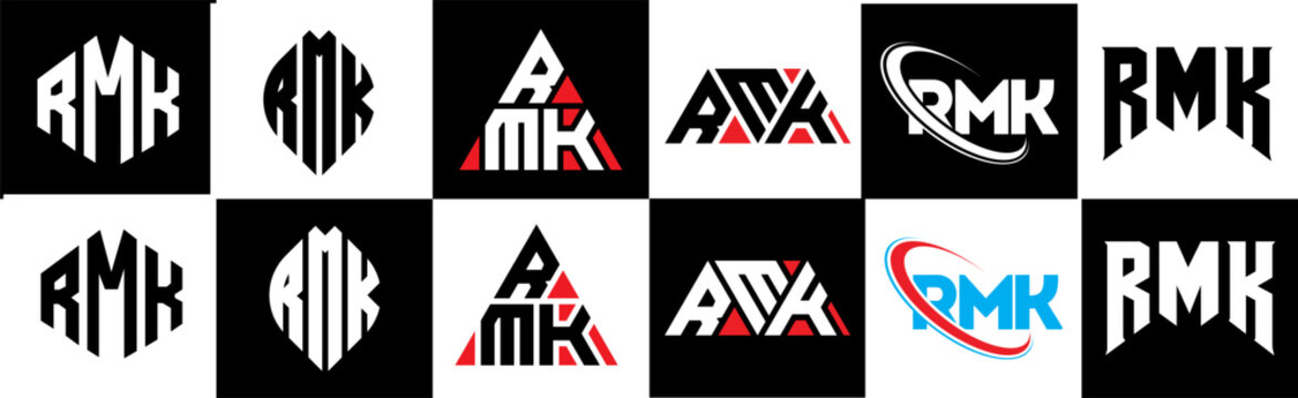 RMK letter logo design in six style. RMK polygon, circle, triangle, hexagon, flat and simple style with black and white color variation letter logo set in one artboard. RMK minimalist and classic logo
