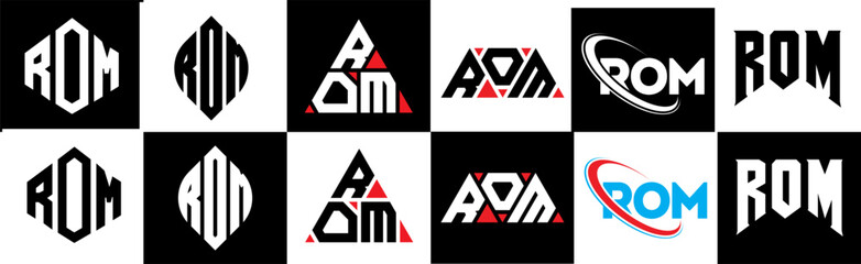 ROM letter logo design in six style. ROM polygon, circle, triangle, hexagon, flat and simple style with black and white color variation letter logo set in one artboard. ROM minimalist and classic logo